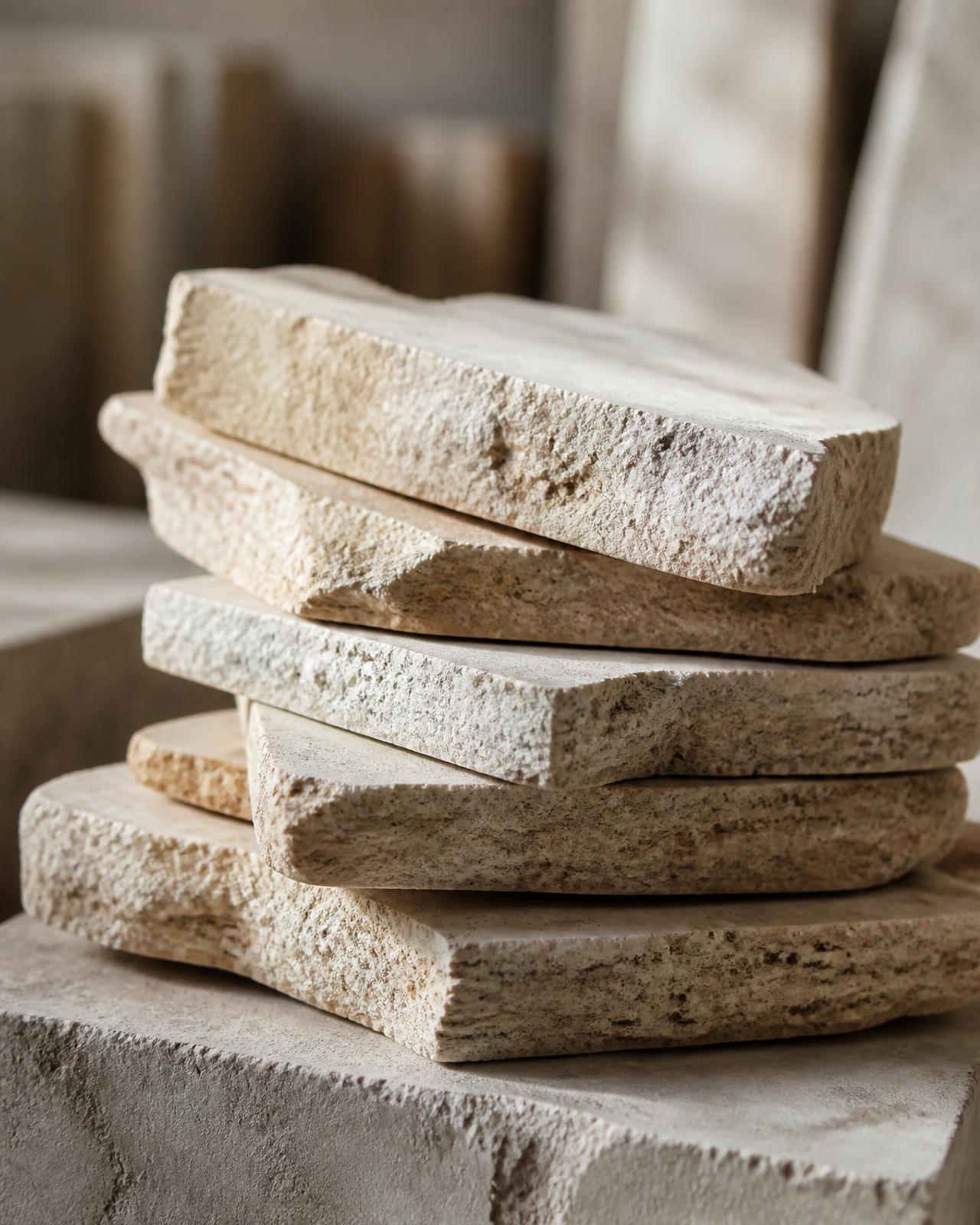 Stacked hand-dressed natural stone slabs in soft workshop light